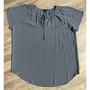 Ann Taylor Flutter Sleeve Bow Tie Baby Doll Gray Blouse Top Shirt Size Medium